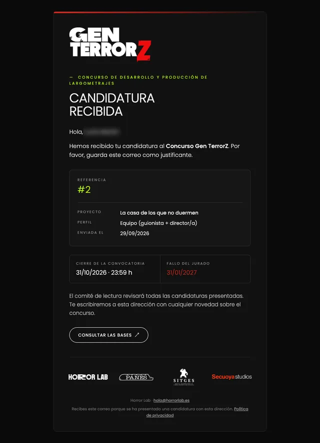 Correo de acuse de recibo de la candidatura con el diseño de Horror Lab