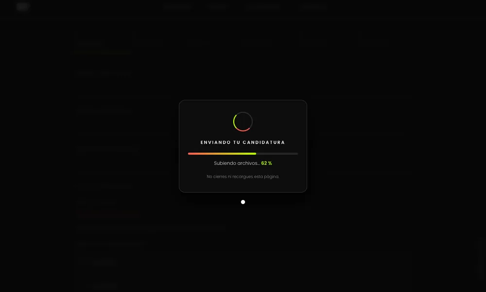 Pantalla de envío de la candidatura con la barra de progreso de la subida