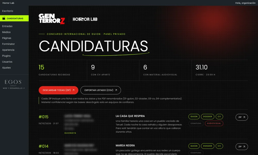Panel privado de candidaturas con contadores, PDF y descarga en ZIP, con los datos de los autores difuminados