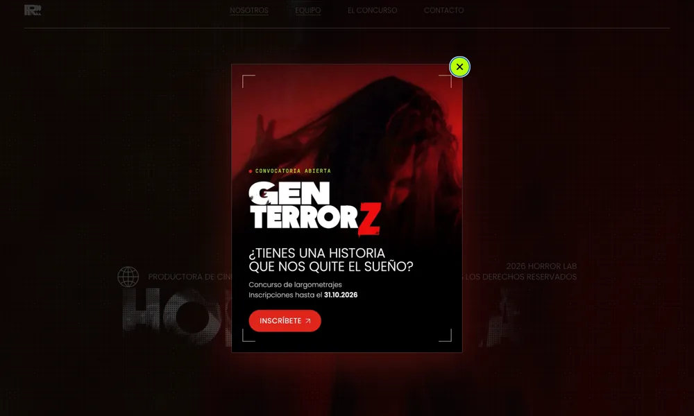 Aviso emergente del concurso Gen TerrorZ con el botón Inscríbete