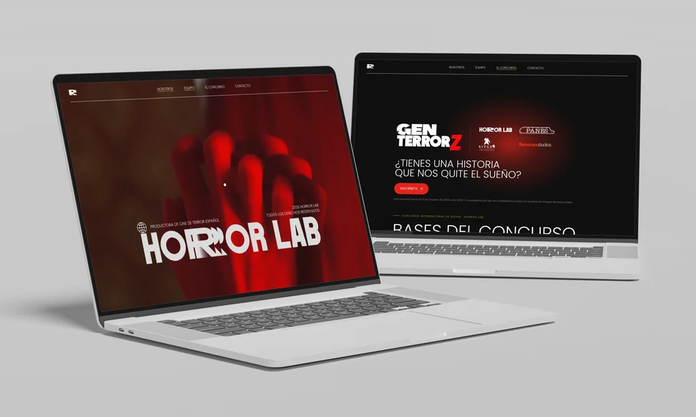 Portada y bases del concurso de la web de Horror Lab en dos portátiles